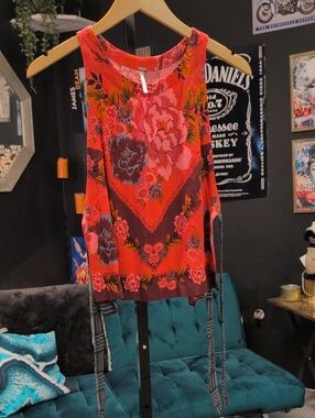 Free People Red Floral Sleeveless Tank with Side Ties
